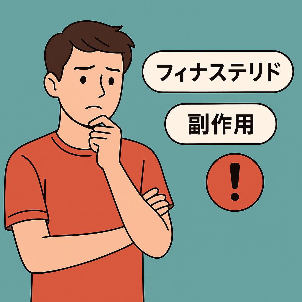 フィナステリド・デュタステリドの副作用に悩む中年男性のイラストと、医師に相談する重要性を訴える日本語テキスト