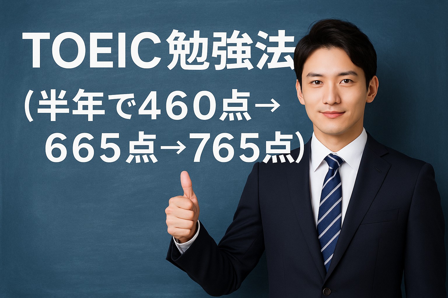TOEIC勉強法｜半年で460点から765点にスコアアップした若い東アジア系男性がスーツ姿で自信を持ち親指を立てている写真 背景は青色のチョークボード風