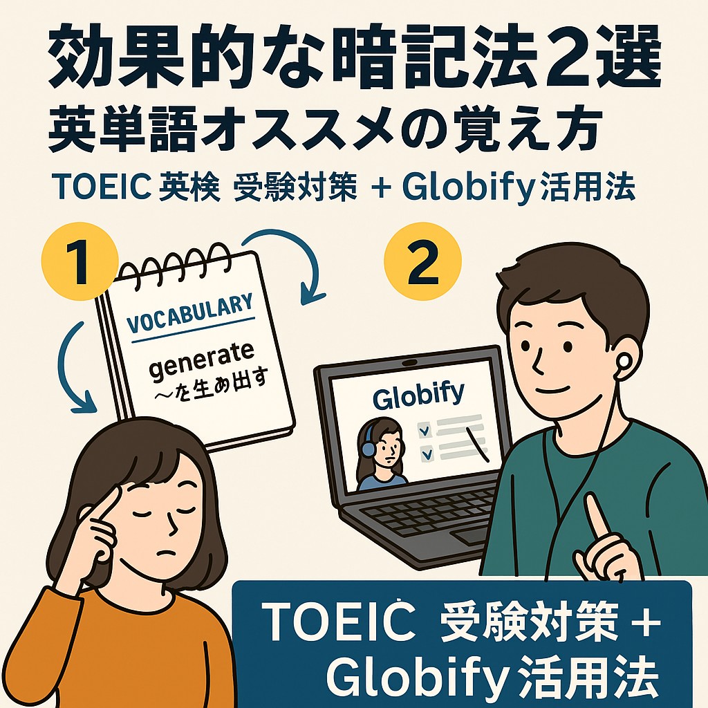 【効果的な暗記法2選】英単語の覚え方｜TOEIC・英検受験対策＋Globify活用法を解説した日本語のインフォグラフィック（単語帳とオンライン学習のイラスト付き）