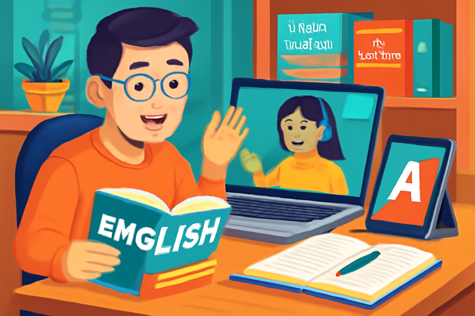 英語学習を象徴する、鮮やかな背景で本を読む若者のカラフルなデジタルイラスト。