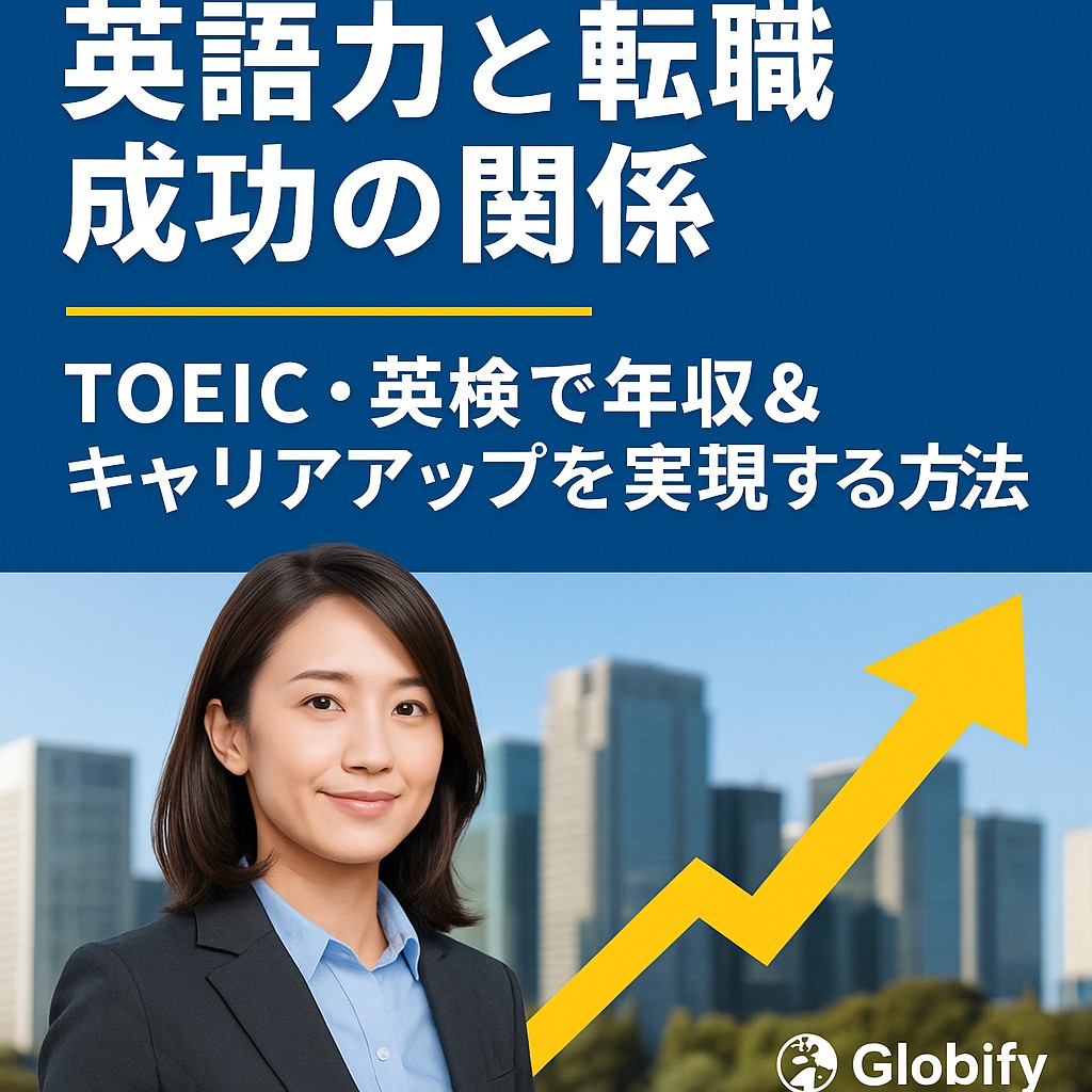 英語力と転職の関係を表す日本語のプロモーショナルバナー。オンライン英会話と転職エージェント活用をテーマにしたビジネス風デザイン。