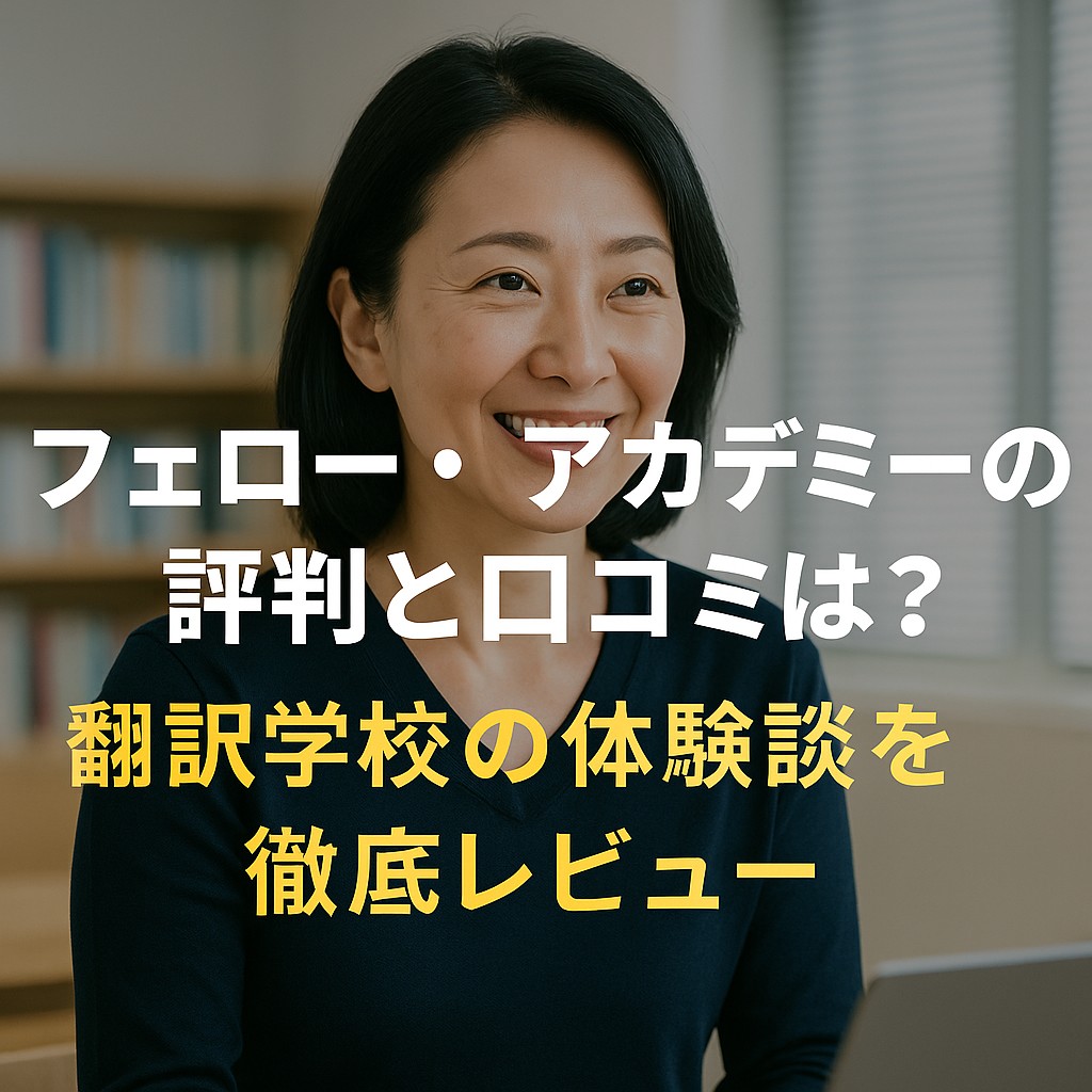 フェロー・アカデミーの資料請求を促すデジタルバナー。翻訳スクールに関心のある人に向けたプロモーション画像。