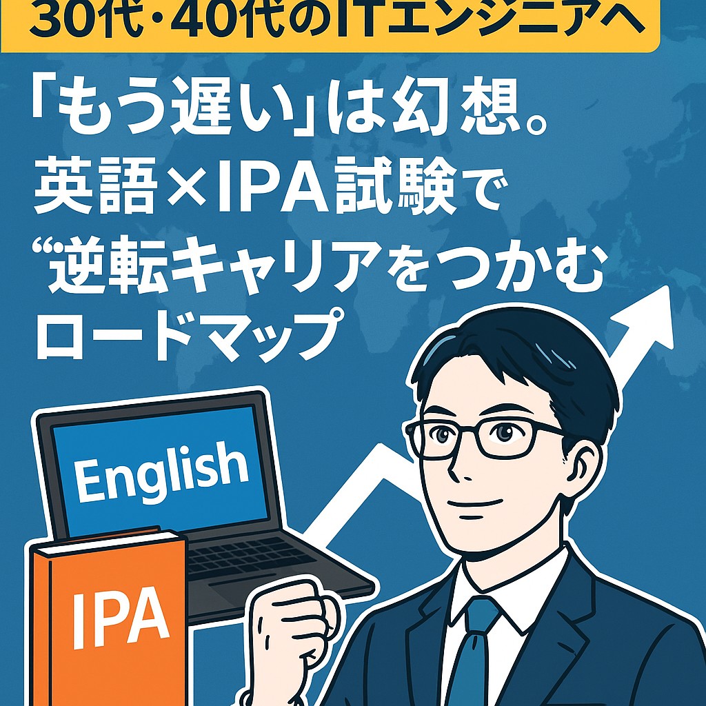 IPA高度試験と英語力でキャリアを再構築する30代・40代ITエンジニア向けロードマップのイメージ図。英語学習と資格取得を象徴するデジタル風景と未来的なビジネスパーソンが描かれている