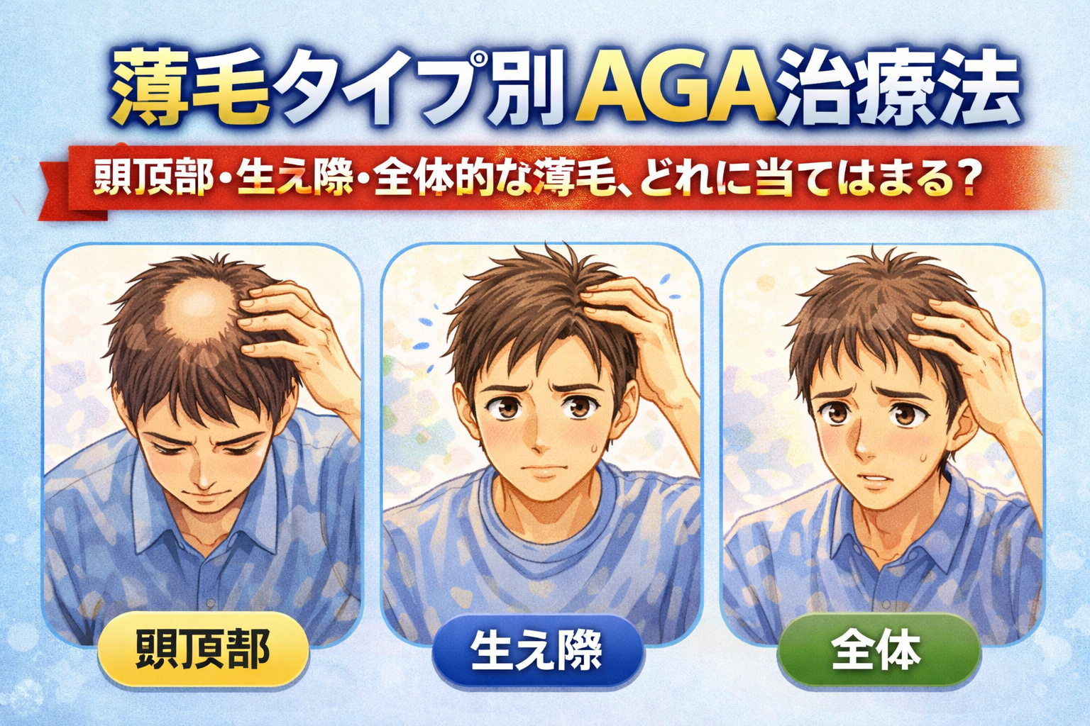 薄毛タイプ別AGA治療法｜頭頂部・生え際・全体的な薄毛、どれに当てはまる？